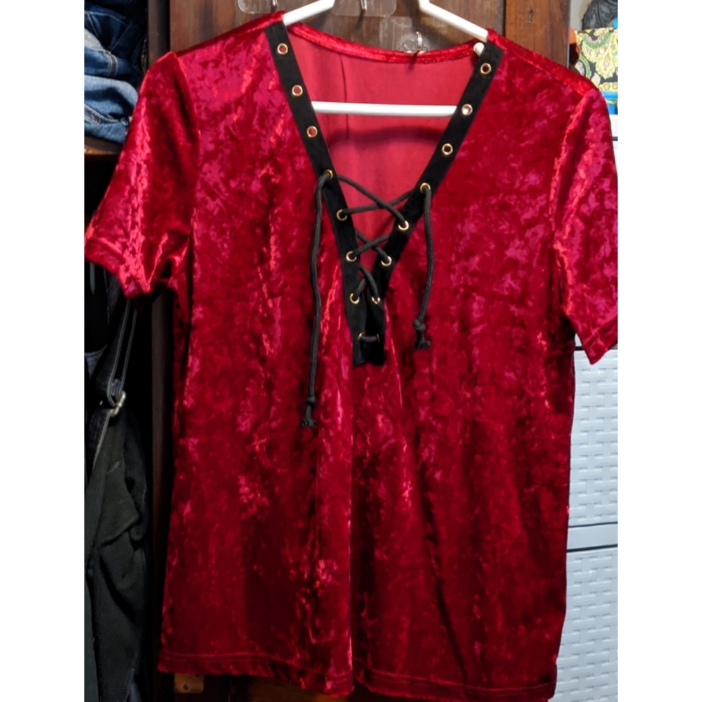 Red crushed velvet v-neck lace-up top